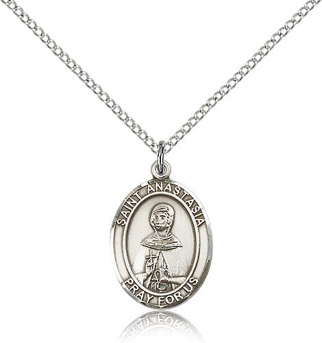 St. Anastasia Medal, Sterling Silver, Medium - 18&quot; 1.2mm Sterling Silver Chain + Clasp