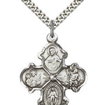 4 Way Cross Pendant, Sterling Silver - 24&quot; 2.4mm Rhodium Plate Endless Chain