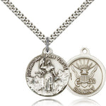 St. Joan of Arc Navy Medal, Sterling Silver - 24&quot; 2.4mm Rhodium Plate Endless Chain