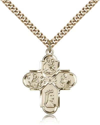 Franciscan 4 Way Cross Pendant, Gold Filled - 24&quot; 2.4mm Gold Plated Endless Chain