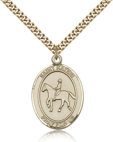 St. Kateri Equestrian Medal, Gold Filled, Large - 24&quot; 2.4mm Gold Plated Chain + Clasp
