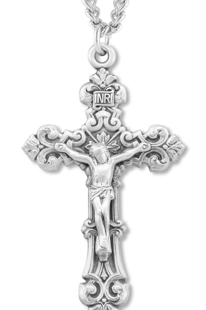 Men's Sterling Silver Fancy Scroll Crucifix Necklace with Chain Options