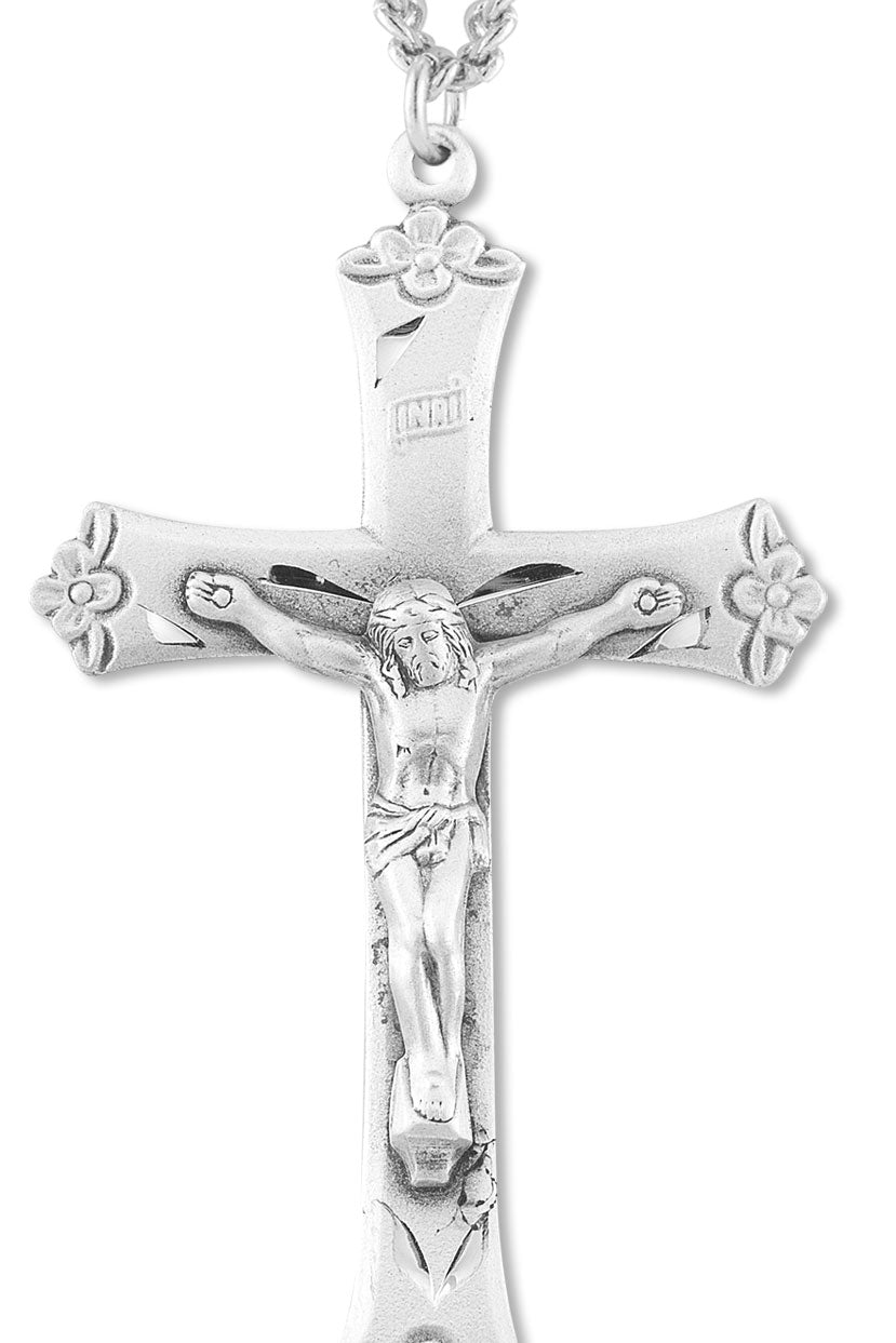 Men's Large Sterling Silver Floral Tip Crucifix Necklace with Chain Options - 24&quot; Sterling Silver Chain + Clasp
