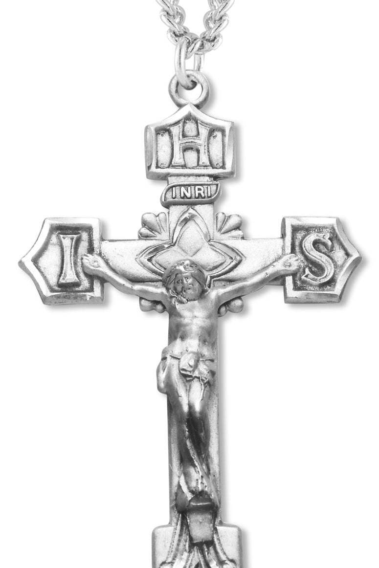 Men's Sterling Silver Matte Satin Finish IHS Crucifix Necklace with Chain Options - 24&quot; Sterling Silver Chain + Clasp