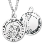 Round Boy's St. Christopher Golf Necklace With Chain - 24&quot; Sterling Silver Chain + Clasp