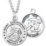 Round Men's St. Christopher Wrestling Necklace With Chain - 24&quot; Sterling Silver Chain + Clasp