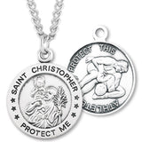 Round Men's St. Christopher Wrestling Necklace With Chain - 24&quot; Sterling Silver Chain + Clasp