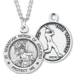 Round Men's Saint Sebastian Baseball Necklace - 24&quot; Sterling Silver Chain + Clasp