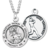 Round Men's Saint Sebastian Baseball Necklace - 24&quot; Sterling Silver Chain + Clasp