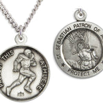 Round Men's St. Sebastian Football Necklace With Chain - 24&quot; Sterling Silver Chain + Clasp