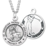 Round Men's St. Sebastian Golf Necklace With Chain - 24&quot; Sterling Silver Chain + Clasp