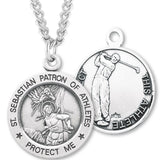 Round Men's St. Sebastian Golf Necklace With Chain - 24&quot; Sterling Silver Chain + Clasp