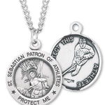 Round Men's St. Sebastian Ice Hockey Necklace With Chain - 24&quot; Sterling Silver Chain + Clasp