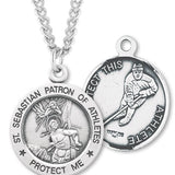 Round Men's St. Sebastian Ice Hockey Necklace With Chain - 24&quot; Sterling Silver Chain + Clasp