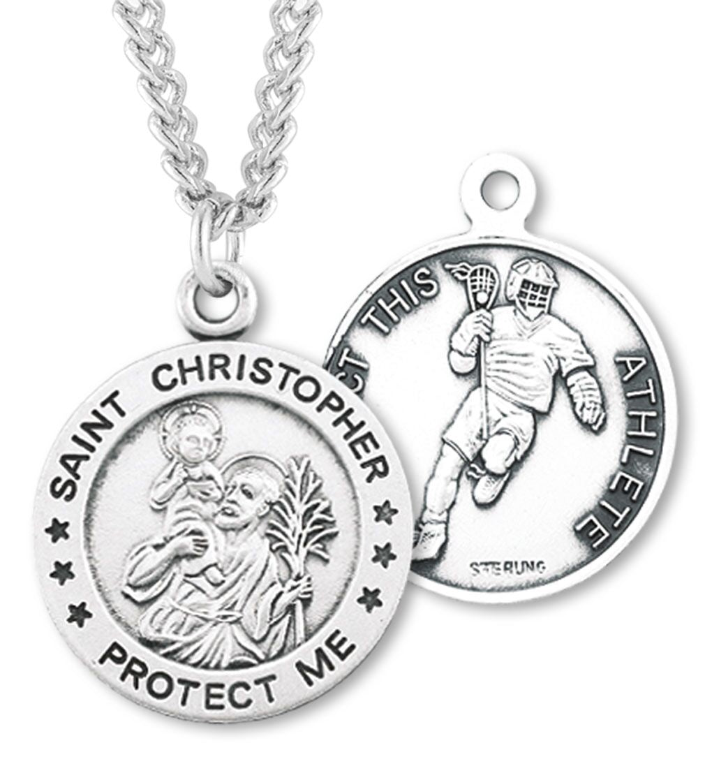Round Boy's St. Sebastian Lacrosse Necklace With Chain - 24&quot; Sterling Silver Chain + Clasp