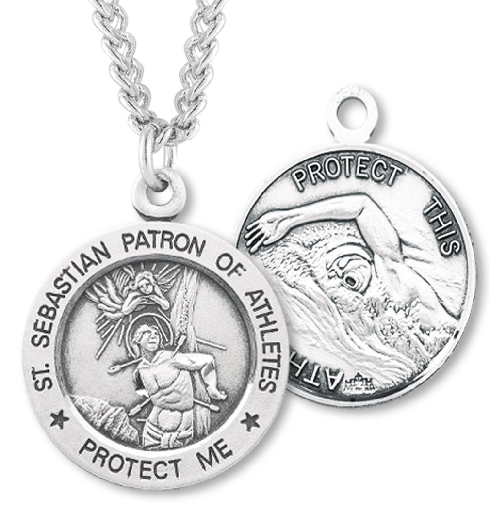 Round Men's St. Sebastian Swimming Necklace With Chain