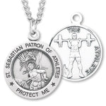 Round Boy's St. Sebastian Weight Lifting Necklace With Chain - 24&quot; Sterling Silver Chain + Clasp
