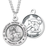 Round Men's St. Sebastian Wrestling Necklace With Chain - 24&quot; Sterling Silver Chain + Clasp