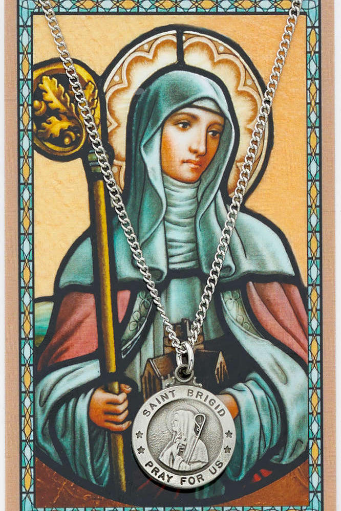 Round St. Brigid of Ireland Medal and Prayer Card Set - Silver-tone
