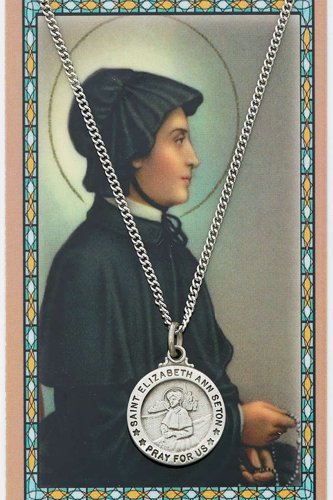 Round St. Elizabeth Ann Seton Medal and Prayer Card Set - Silver-tone
