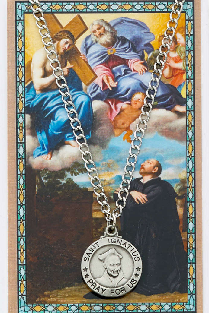 Round St. Ignatius of Loyola Medal and Prayer Card Set - Silver-tone