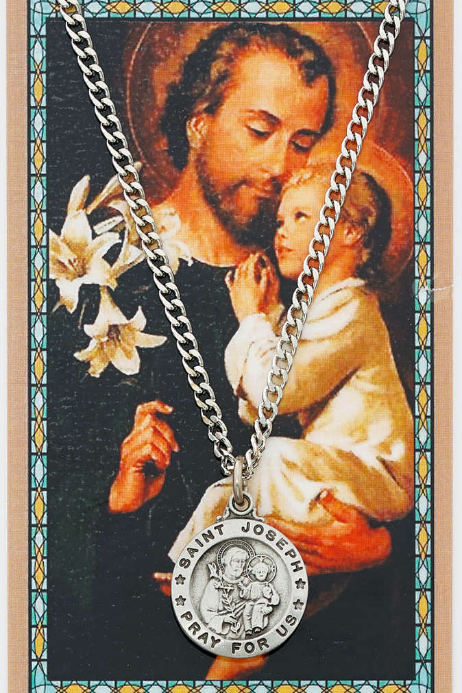 Round St. Joseph Medal and Prayer Card Set - Silver-tone