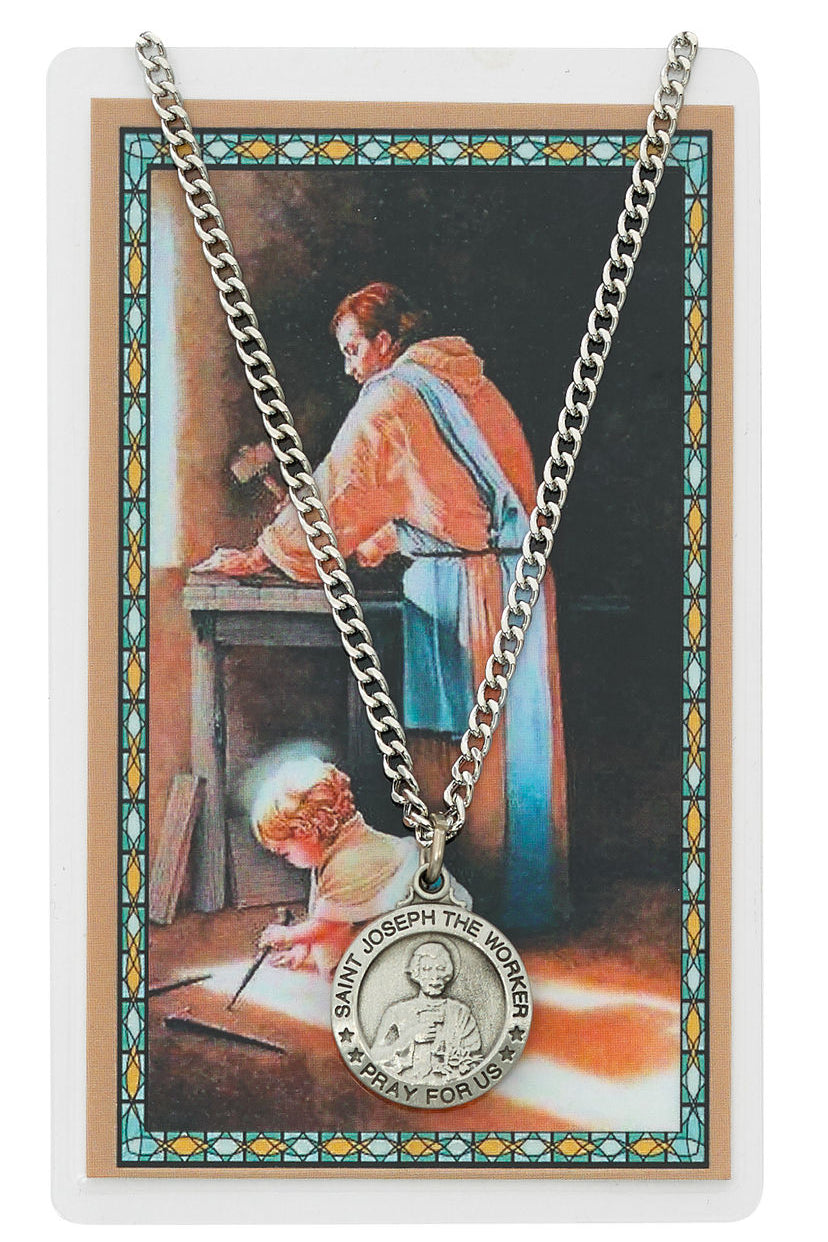 Round St. Joseph The Worker Medal and Prayer Card - Silver-tone