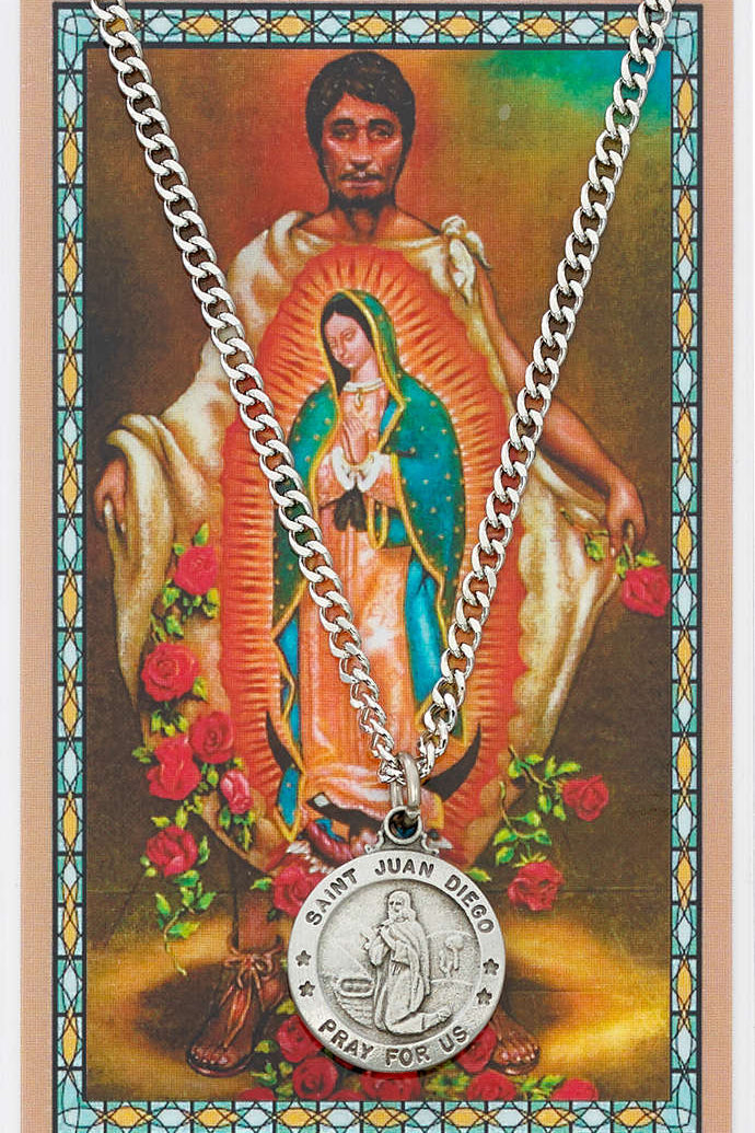 Round St. Juan Diego  Medal and Prayer Card Set - Silver-tone