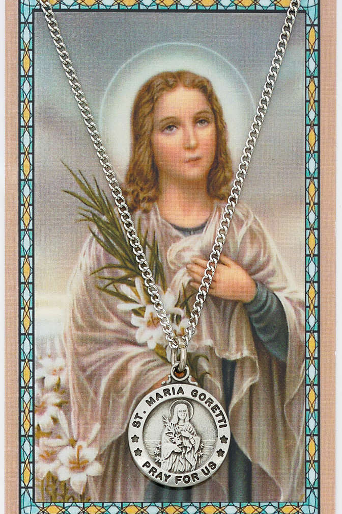 Round St. Maria Goretti Medal and Prayer Card Set - Silver-tone