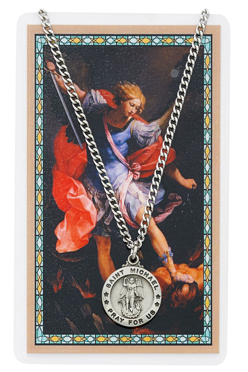 Round St. Michael The Archangel Medal and Prayer Card Set - Silver-tone