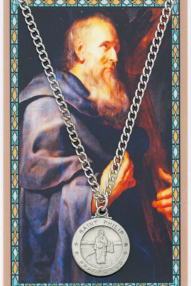 Round St. Philip Medal and Prayer Card Set - Silver-tone