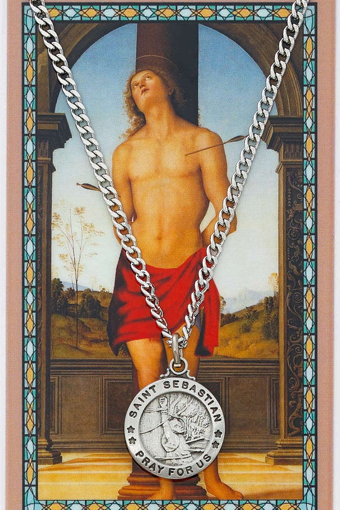 Round St. Sebastian Medal wtih Prayer Card - Silver-tone