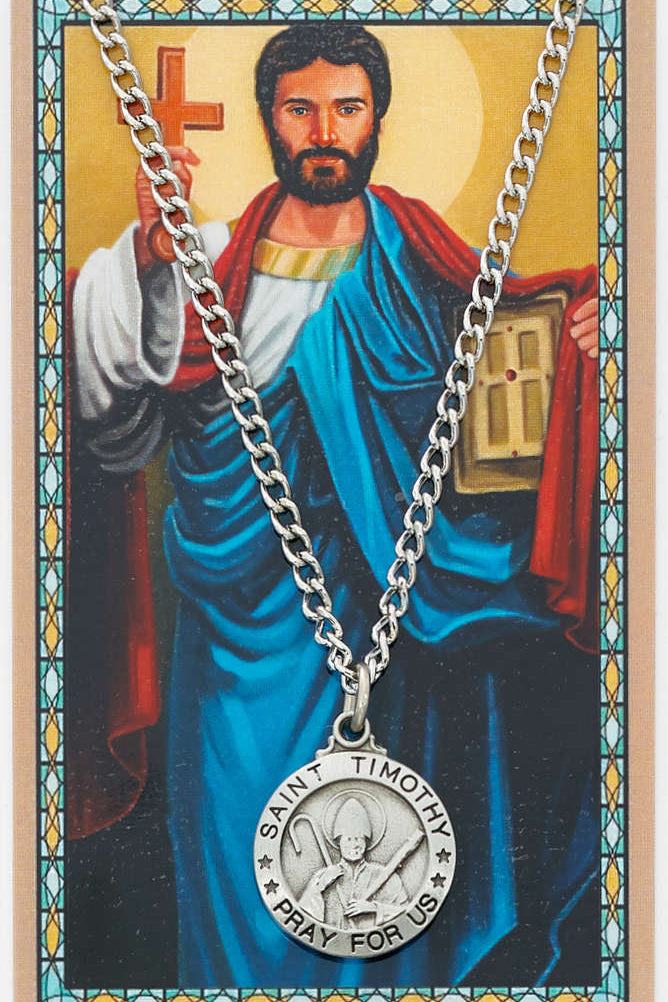 Round St. Timothy Medal and Prayer Card Set - Silver-tone