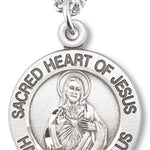 Womens Sacred Heart of Jesus Necklace Round, Sterling Silver with Chain Options - 18&quot; 1.8mm Sterling Silver Chain + Clasp