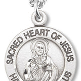 Womens Sacred Heart of Jesus Necklace Round, Sterling Silver with Chain Options - 18&quot; 1.8mm Sterling Silver Chain + Clasp
