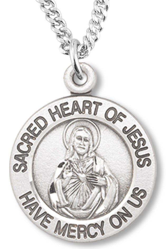 Womens Sacred Heart of Jesus Necklace Round, Sterling Silver with Chain Options - 18&quot; 1.8mm Sterling Silver Chain + Clasp
