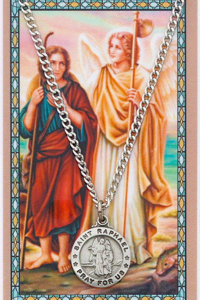 Saint Raphael the Archangel Prayer Card and Medal - Silver tone