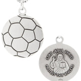 Soccer Ball Shape Necklace with Jesus Figure Back in Sterling Silver - 24&quot; Sterling Silver Chain + Clasp