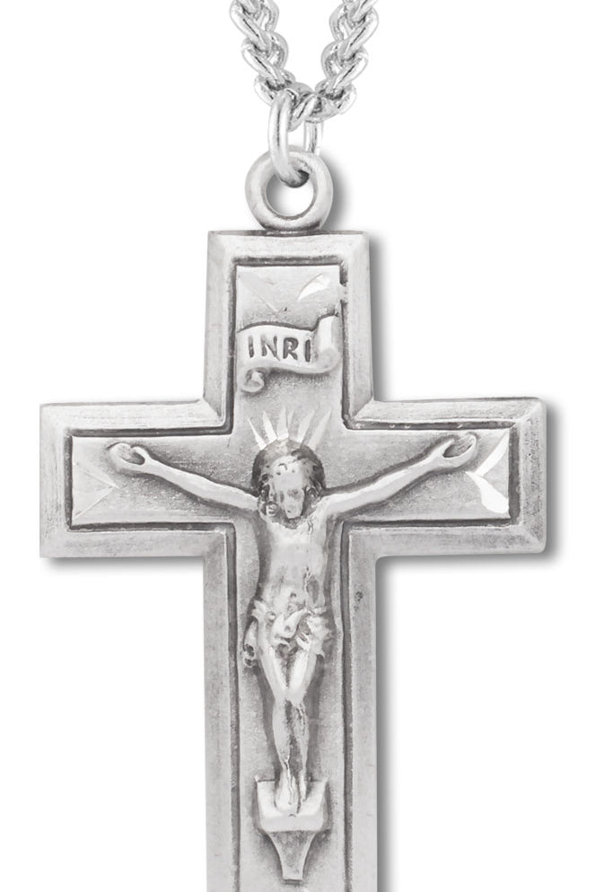 Women's or Boys Square Edge Modern Crucifix Necklace, Sterling Silver with Chain - 20&quot; 2.2mm Stainless Steel Chain with Clasp
