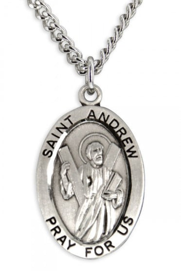 Boy's St. Andrew Necklace Oval Sterling Silver with Chain - 20&quot; 2.2mm Stainless Steel Chain with Clasp