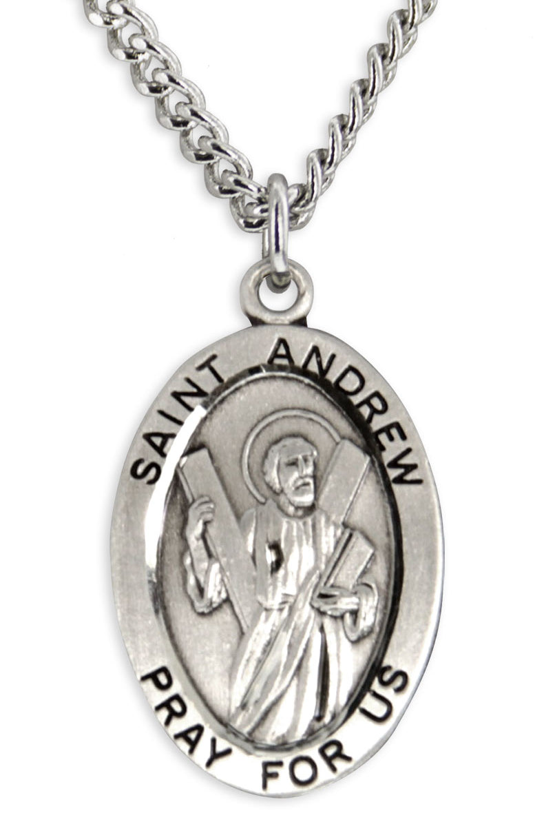 Men's Saint Andrew Sterling Silver Oval Necklace with Chain Options - 24&quot; Sterling Silver Chain + Clasp