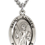 Men's Saint Andrew Sterling Silver Oval Necklace with Chain Options - 24&quot; Sterling Silver Chain + Clasp