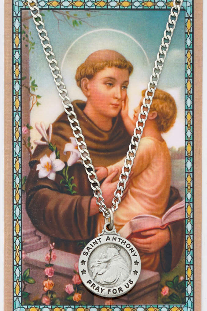 Round St. Anthony Medal with Prayer Card - Silver tone