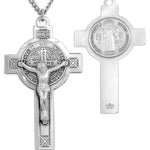 Large Men's Sterling Silver Saint Benedict Crucifix Necklace with Chain Options - 24&quot; Sterling Silver Chain + Clasp