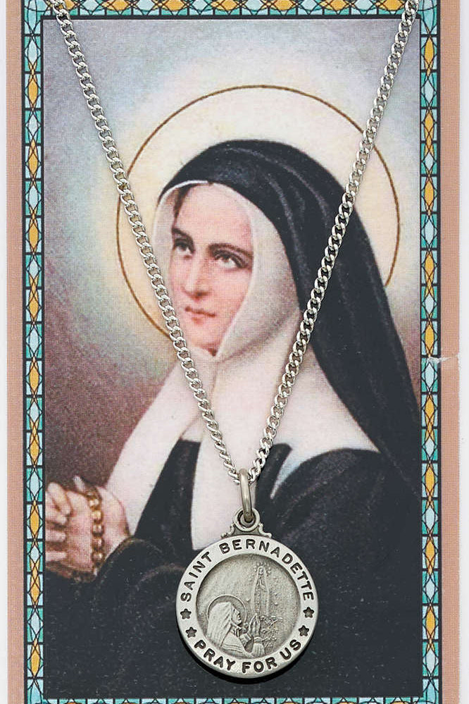 St. Bernadette Medal with Prayer Card - Silver tone