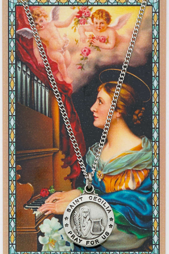 St. Cecilia Medal with Prayer Card - Silver tone