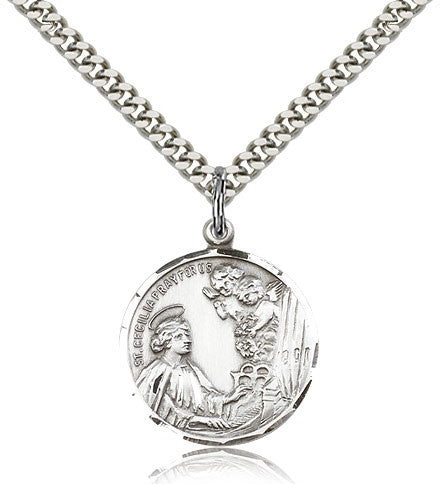 St. Cecilia Medal - 24&quot; 2.4mm Rhodium Plate Chain + Clasp