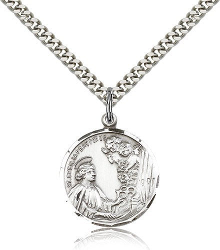 St. Cecilia Medal - 24&quot; 2.4mm Rhodium Plate Chain + Clasp