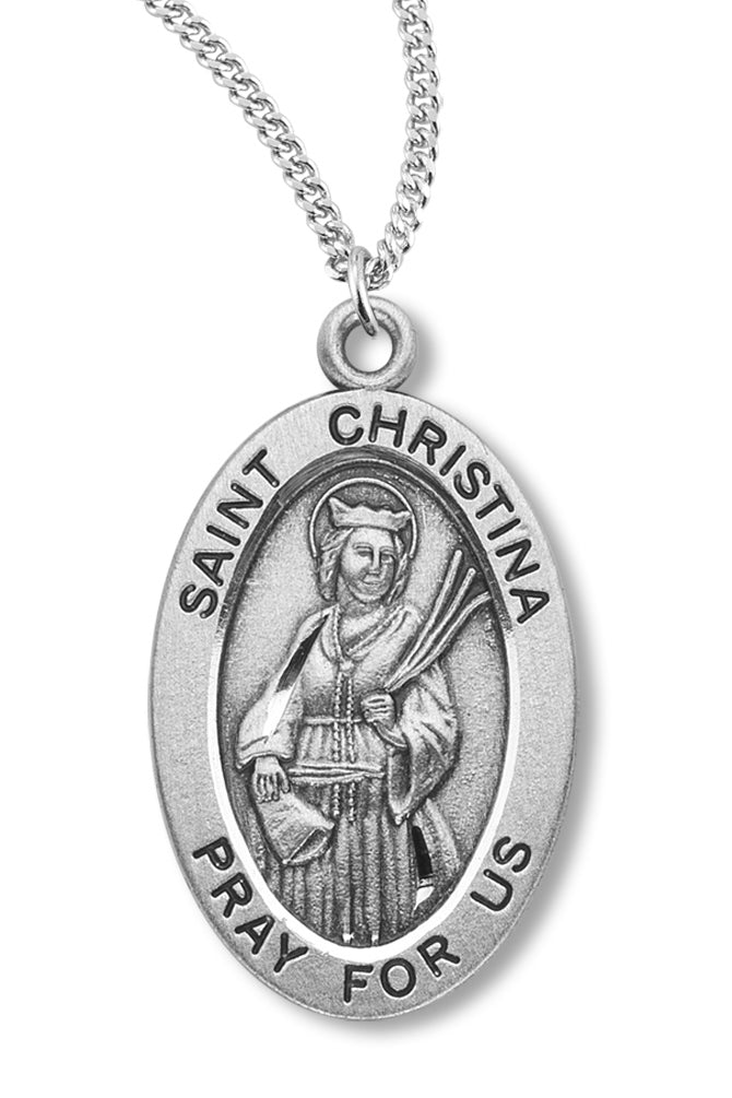 Women's St. Christina Necklace Oval Sterling Silver with Chain Options - 18&quot; 1.8mm Sterling Silver Chain + Clasp