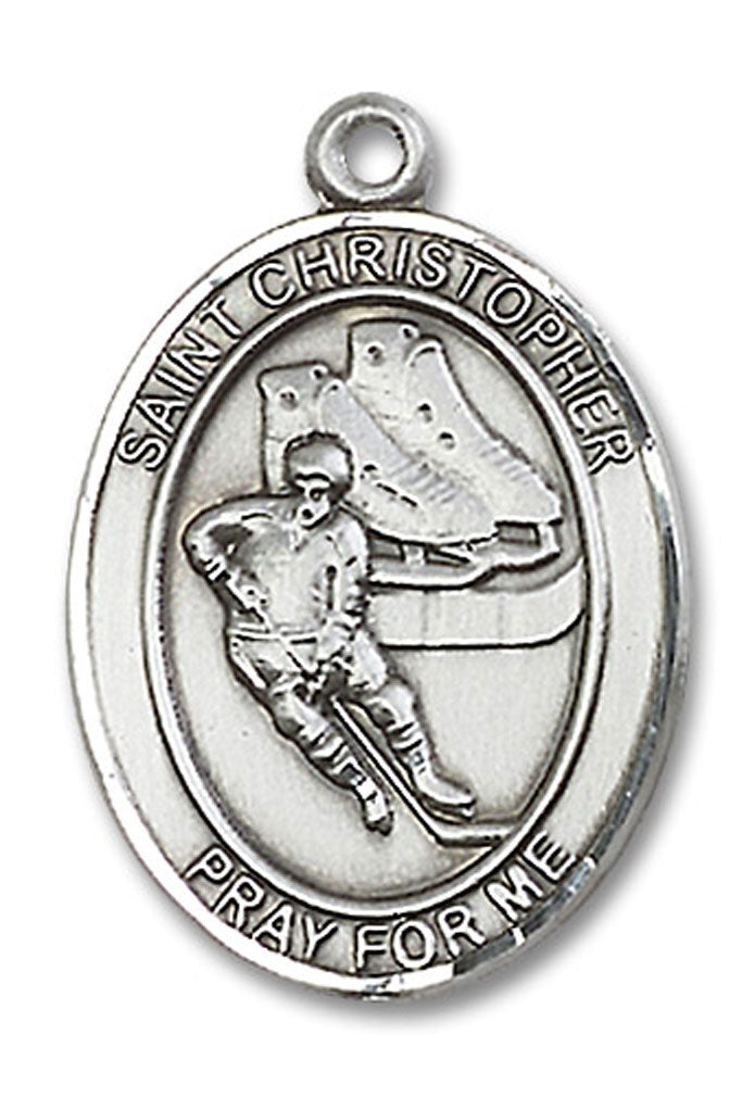 St. Christopher Hockey Medal, Sterling Silver, Large - No Chain